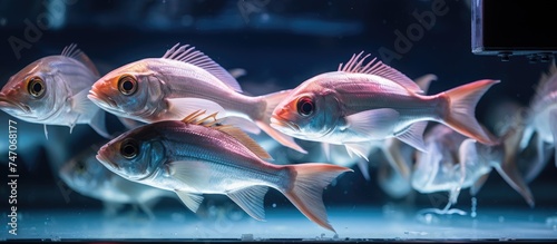 A group of various colorful fish swimming around in an aquarium, exhibiting different sizes and patterns as they glide through the water. The fish move gracefully, exploring their environment and © AkuAku