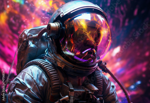 Astronaut in a spacesuit floating in the midst of colorful space, generative AI