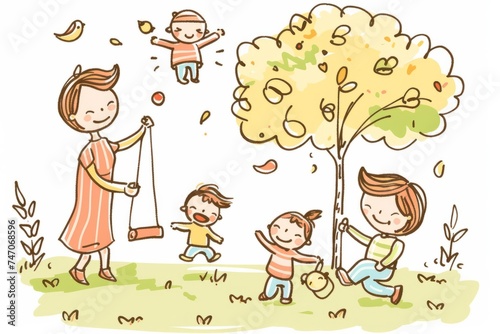 Cartoon cute doodles of parents playing with their kids in the park, pushing them on swings and playing catch, Generative AI