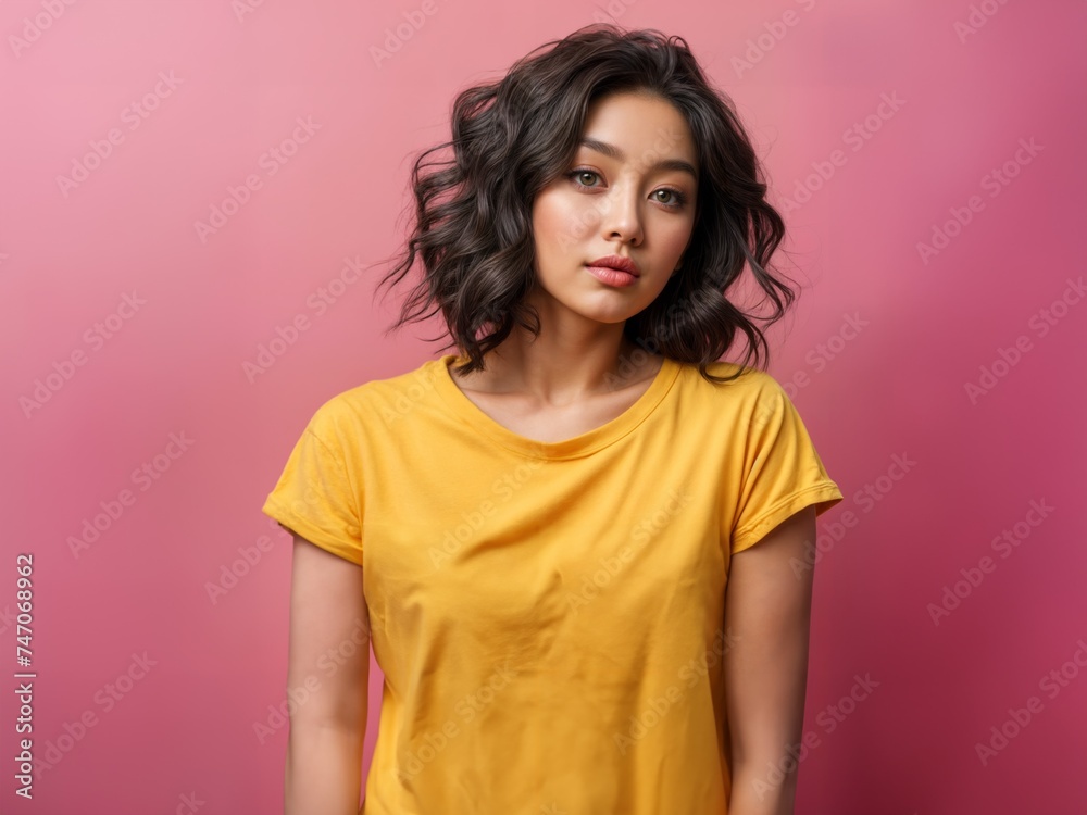 A beautiful Asian woman in a yellow t-shirt on a pink background A beautiful Asian woman in a yellow t-shirt on a pink background