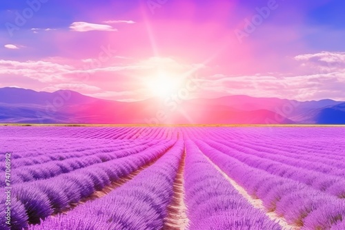 Vibrant lavender field in full bloom under the radiant summer sun, picturesque landscape