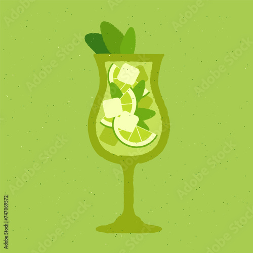 Green cocktail with mint and lime. Mojito cocktail. Alcohol drink for bar. Soft liquid in wine glass. Stemware with gin tonic and soda. Non-alcoholic beverage. Flat vector illustration with texture