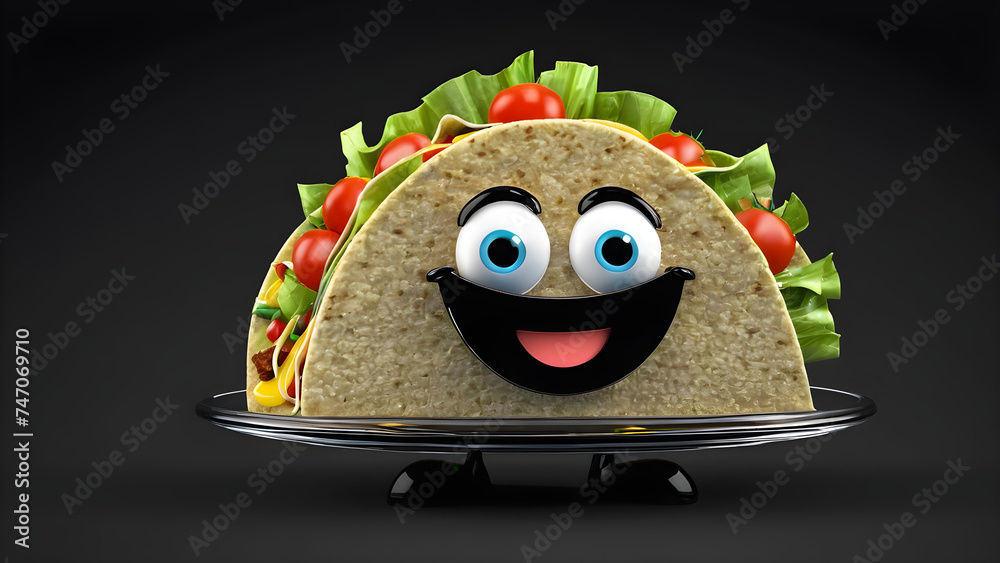 a cartoon character with a happy face and funny tacos on a black ...