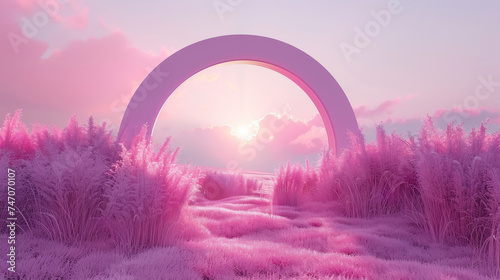 A surreal landscape with a pathway lined by pink grass leading towards a circular sunset, evoking a dream-like quality.
