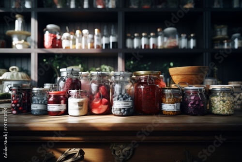 Assorted preserved foods in glass jars, homemade, pickles, pantry, preserves, rustic kitchen, variety