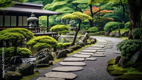 Tranquil japanese garden with pruned bonsai trees, peaceful koi ponds, and winding stone pathways.