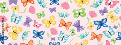 Cute cartoon butterflies with flowers. Seamless spring and summer pattern.