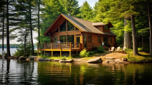 A serene lakeside escape among tall pine trees with rustling leaves and distant loons calls