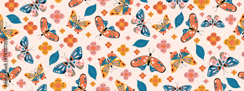 Colorful hand drawn butterflies. Seamless pattern for fabrics, wallpaper, covers, packaging.