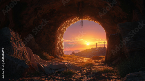 Resurrection Morning: The Empty Tomb of Christ at Sunrise, Symbolizing Easter's Promise #747070572