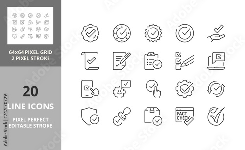 Line icons about checkmark and quality product. Editable vector stroke. 64 and 256 Pixel Perfect scalable to 128px...