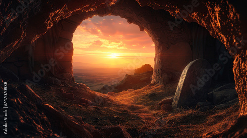 Resurrection Morning  The Empty Tomb of Christ at Sunrise  Symbolizing Easter s Promise