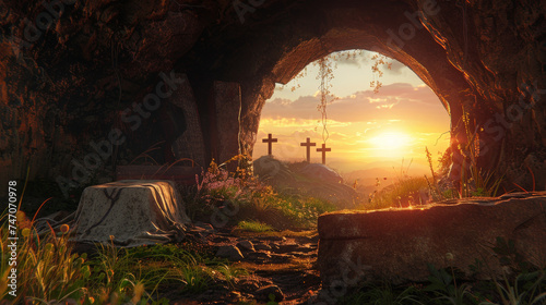 Resurrection Morning: The Empty Tomb of Christ at Sunrise, Symbolizing Easter's Promise #747070978