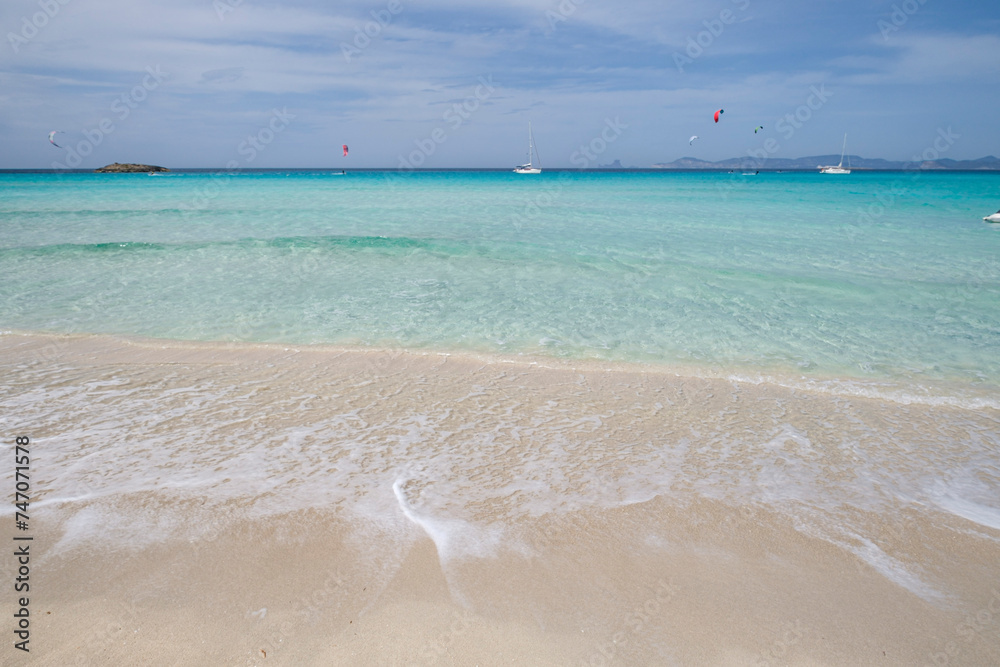 kitesurfing on Illete beachFormentera, Pitiusas Islands, Balearic Community, Spain kitesurfing on Illete beachFormentera, Pitiusas Islands, Balearic Community, Spain