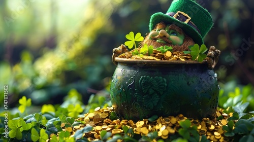 St Patrick's Day hat surrounded by a vibrant mix of nature elements, including flowers, plants, and garden items, creating a lively spring-themed scene
