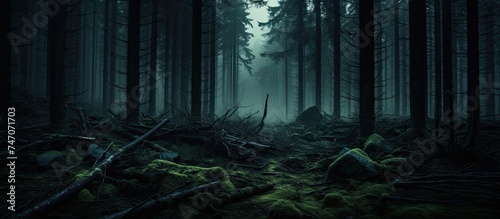 The image shows a dense, dark forest with numerous tall and eerie pine trees. The forest is shrouded in fog, creating a mysterious and slightly ominous atmosphere.