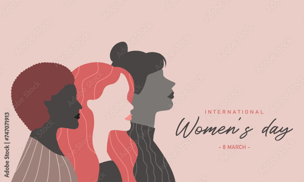 March 8, International Women's Day. Happy Women Day paper cut woman group banner. Vector illustration group of women in flat style design.