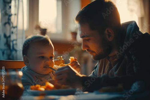 a father feeds his baby a healthy food with a spoon at home