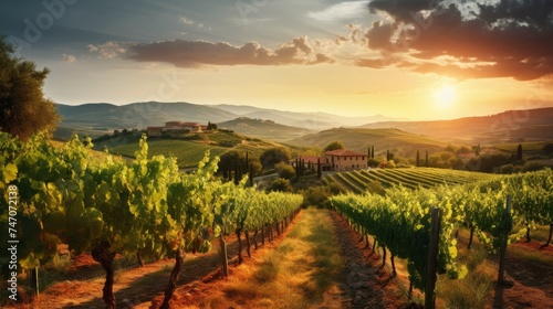 Sunlit tuscan vineyard with grapevines  hills  and olive groves bathed in golden light.