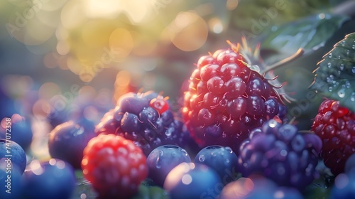 Close-up of Fresh Raspberries and Blueberries in Natural Light photo