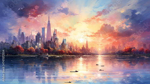 A vibrant watercolor artwork portraying a bustling city skyline against the backdrop of a colorful sunset. Watercolor painting illustration.