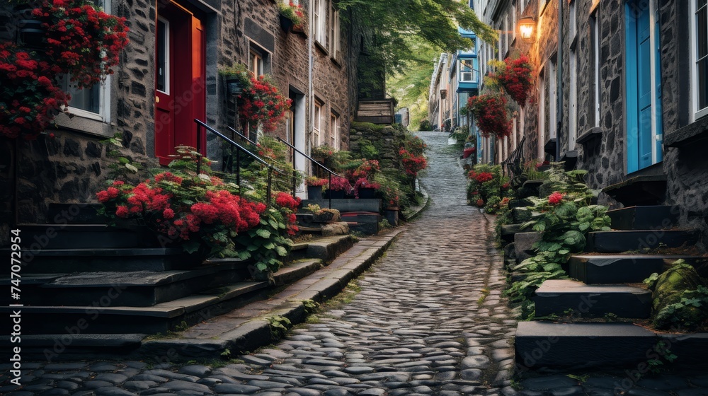 Fototapeta premium Enchanting countryside village with colorful flower baskets and cobblestone streets