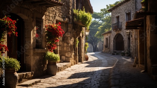 Charming countryside village with colorful flower baskets  cottages  and cobblestone streets