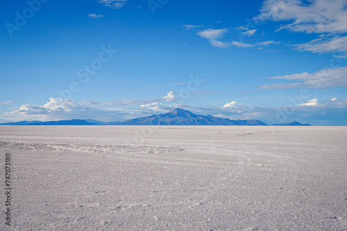 Empty Salt Flats and Distant Mountain, Clear, Blue Sky - Salar de Uyuni, Bolivia  photo