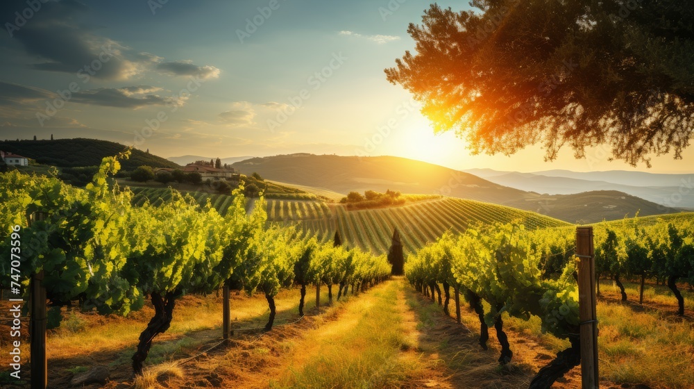 Golden sunlight on a tuscan vineyard with grapevines, hills, and ancient olive groves.