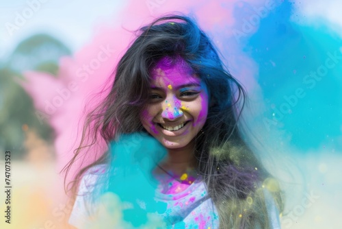 Colorful Elegance - Indian Woman Drenched in Vibrant Paint. Fictional Character Created By Generated By Generated AI.