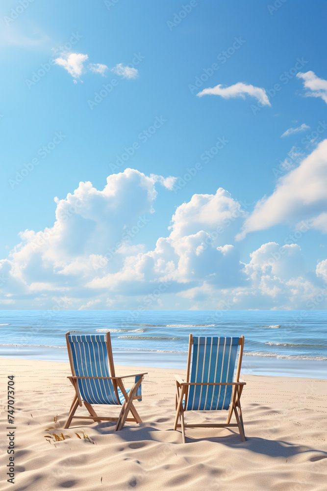 Two striped blue dock chairs on a sandy beach