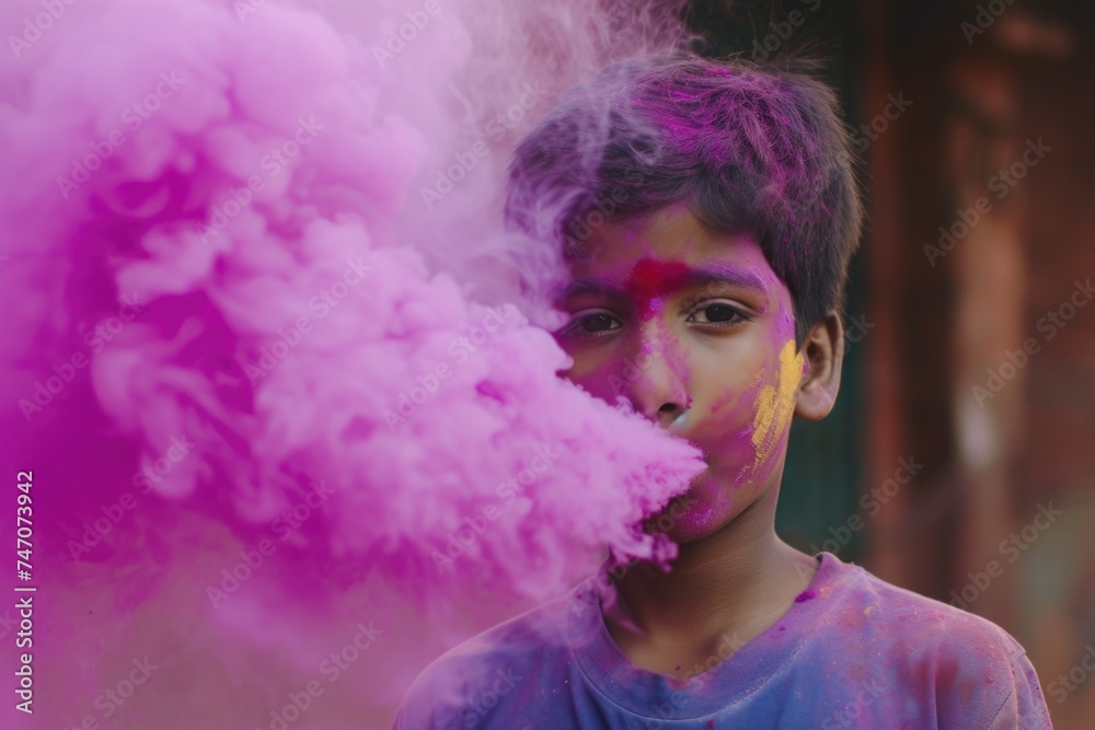 Fototapeta premium The joy of celebrating Holi - A boy drenched in colorful smoke. Fictional Character Created By Generated By Generated AI.