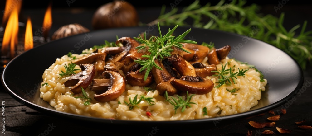 A plate filled with creamy risotto, topped with flavorful porcini mushrooms, placed on a rustic black wooden surface.