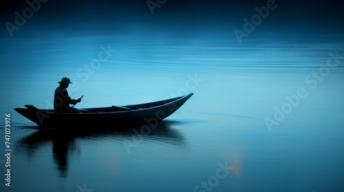 Misty morning reflections solitary boat drifting on glassy lake at dawn, tranquil nature scene
