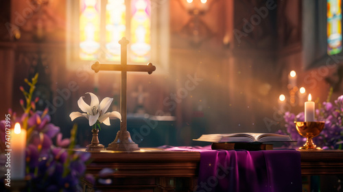 Easter Celebration in a Chapel with a Crucifix, Lit Candles, and Lilies Signifying Renewal and Worship