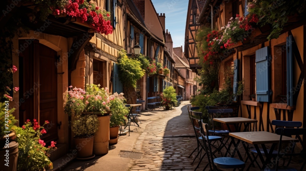 Fototapeta premium A charming european village with cobblestone streets and cozy sidewalk cafes in full swing