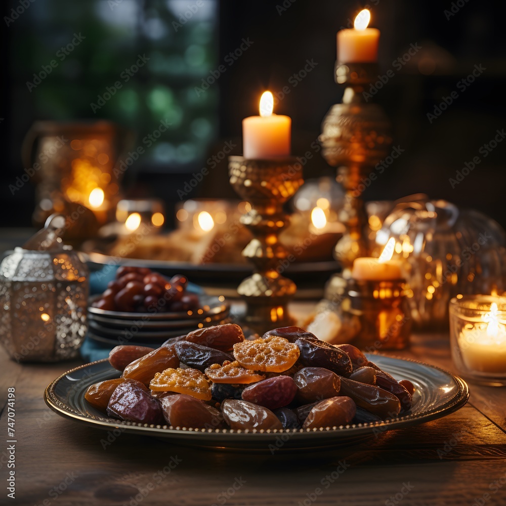 gold plate filled with dry dates placed on a wooden table gold plate filled with dry dates placed on a wooden table