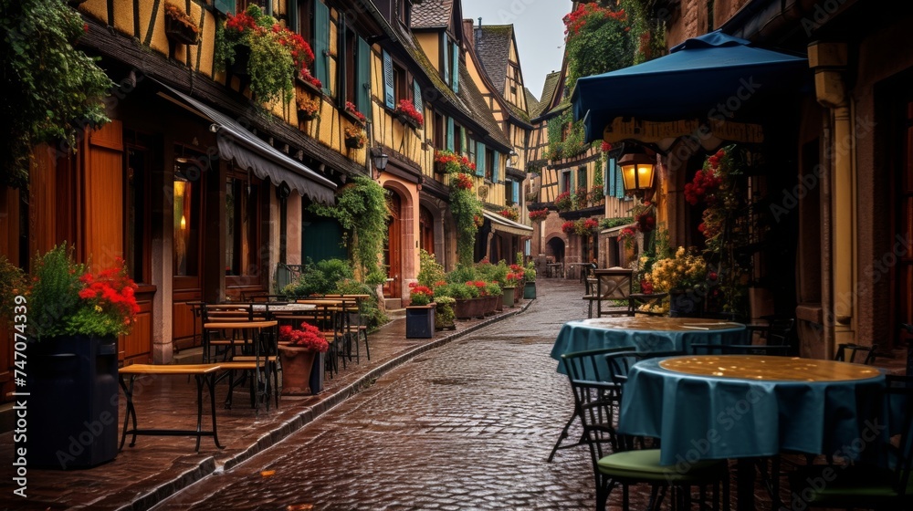 European village with cobblestone streets, half timbered buildings, and lively sidewalk cafes