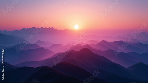 A sunrise over a tranquil mountain range #747074546