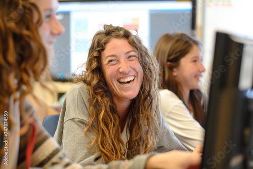 smiling teacher talks to her students during computer class at high school