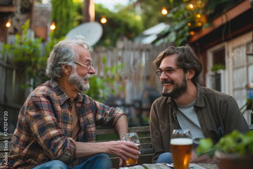 Happy man talks to his senior father while drinking beer together on patio