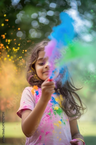 A little girl is joyfully twirling a baton  creating a colorful cloud of dust.. Fictional Character Created By Generated By Generated AI.