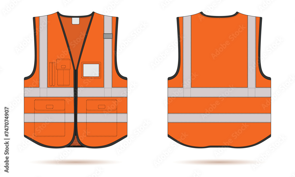 Orange safety vest mockup front and back view. Orange hi vis vest vector template