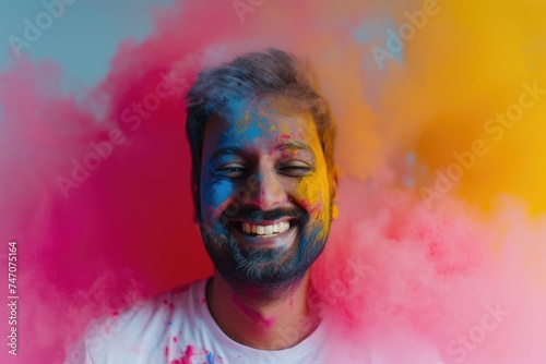 Man with colorful painted face and hair surrounded by a cloud of colored powder. Fictional Character Created By Generated By Generated AI.