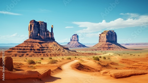 Majestic desert vista with cacti, towering red rocks, and vast sand dunes under a clear sky.