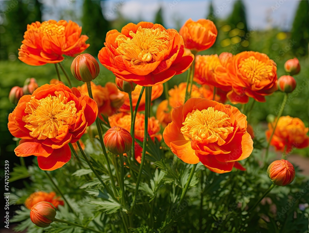 Orange Globe Flowers or Trollius Europaeus on Natural Background, Orange Globe Flowers Field Orange Globe Flowers or Trollius Europaeus on Natural Background, Orange Globe Flowers Field