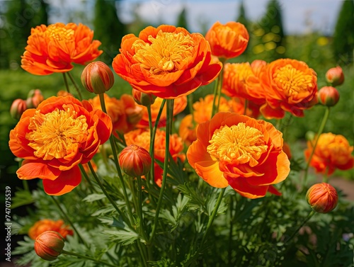 Orange Globe Flowers or Trollius Europaeus on Natural Background  Orange Globe Flowers Field