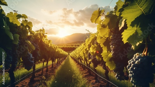 Sunlit vineyard with rows of grapevines stretching into the distance, promising rich wine flavors