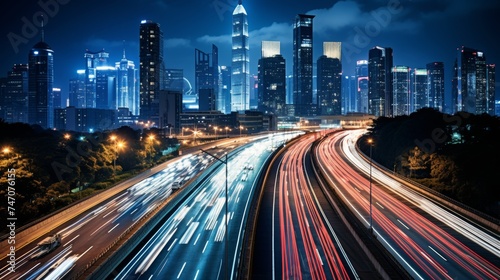 Urban night cityscape with glowing skyscrapers and bustling traffic, creating a captivating scene.