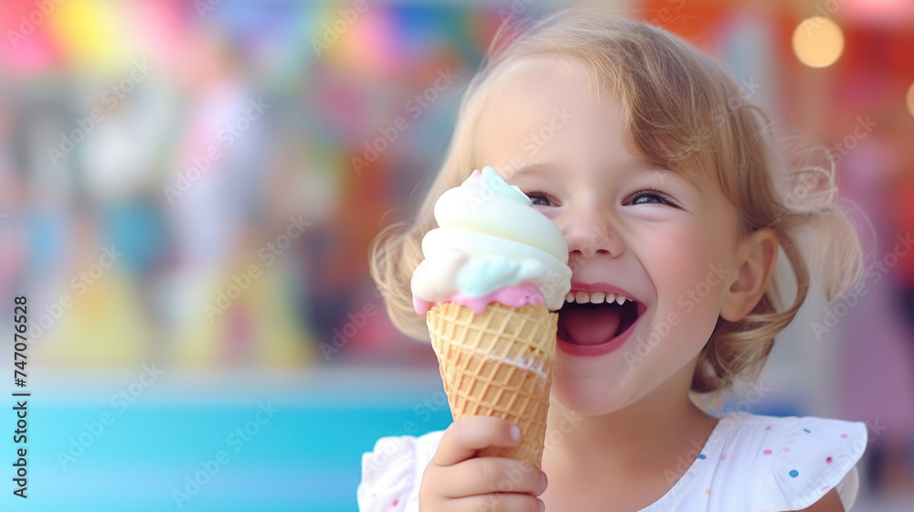 Cheerful little girl enjoying vibrant rainbow ice cream cone on sunny day